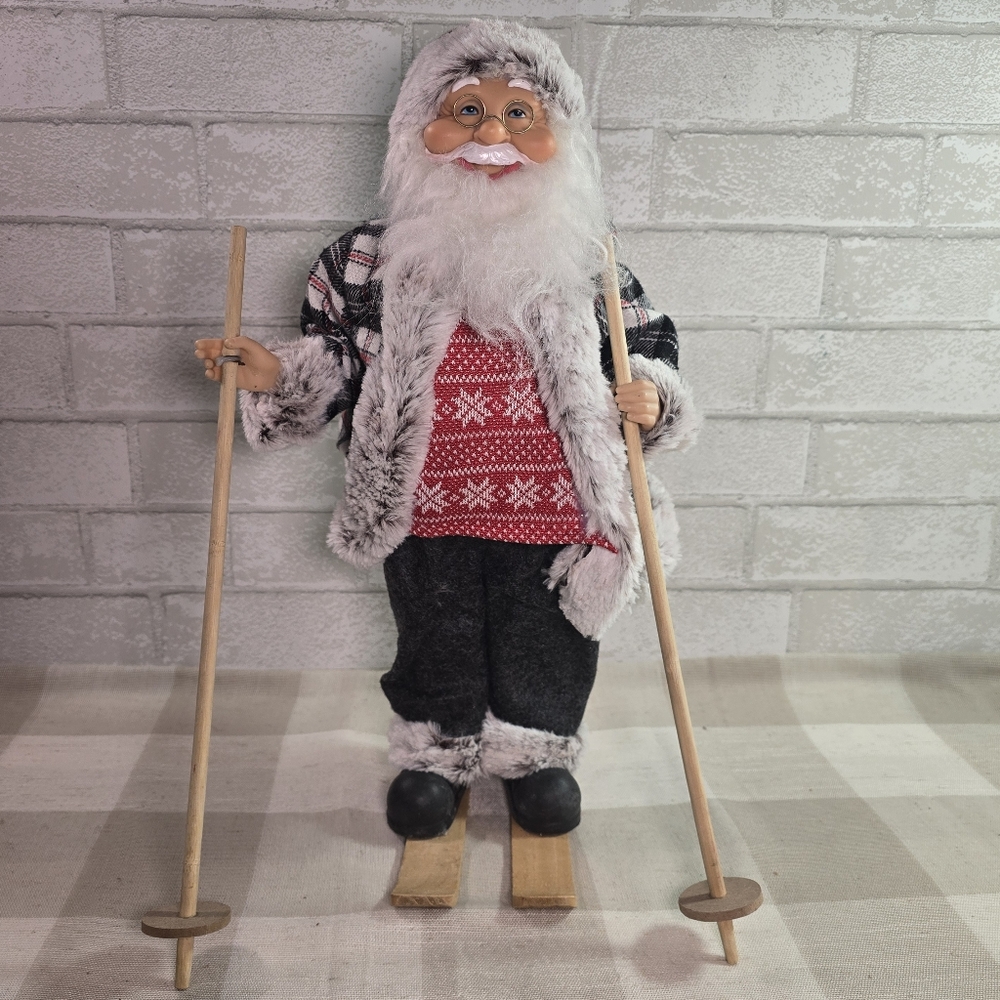 Santa Claus Windy Hill Ski Skiing Standing Christmas Black Plaid Red Sweater 19"